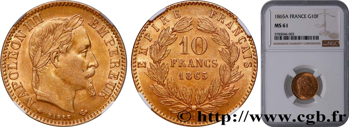 10 francs or Napoléon III, tête laurée 1865 Paris F.507A/9 MS61 NGC