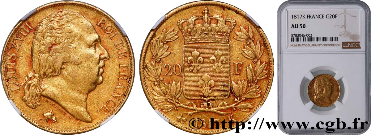 20 francs or Louis XVIII, tête nue 1817 Bordeaux F.519/6 TTB50 NGC