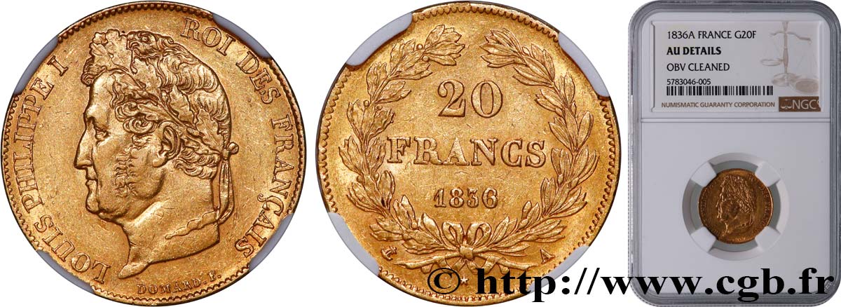 20 francs or Louis-Philippe, Domard 1836 Paris F.527/14 AU NGC