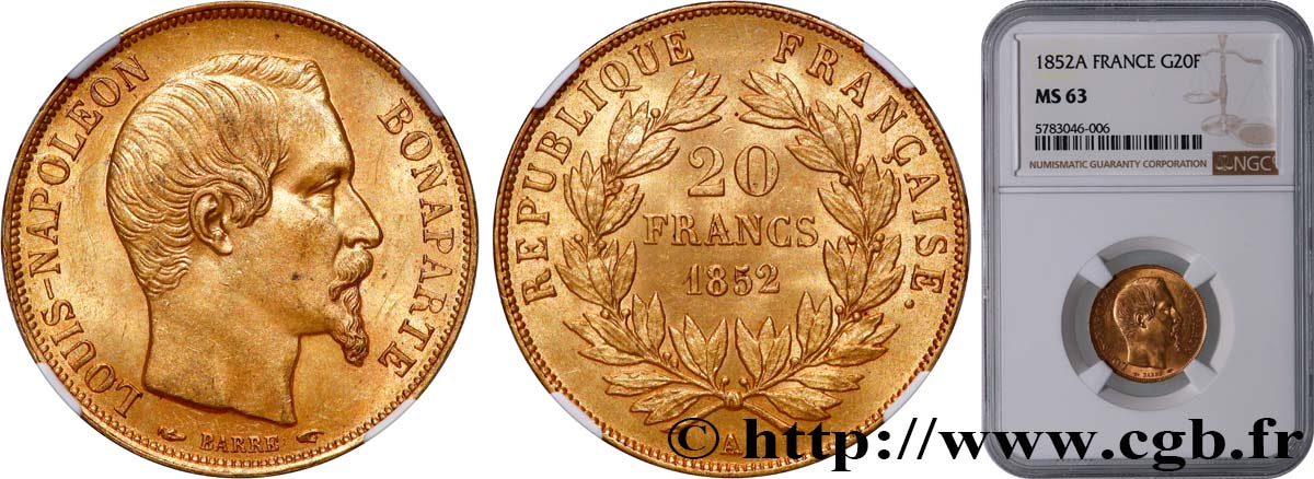 20 francs or Louis-Napoléon 1852 Paris F.530/1 MS63 NGC