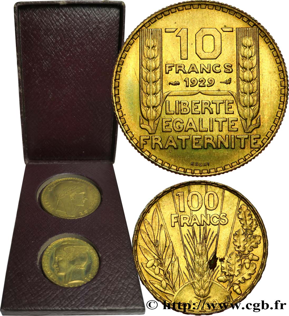 Concours monétaire de 1929, boîte de 2 essais, 100 francs Bazor et 10 francs Turin en bronze-aluminium 1929 Paris GEM.169 3 VZ+ 