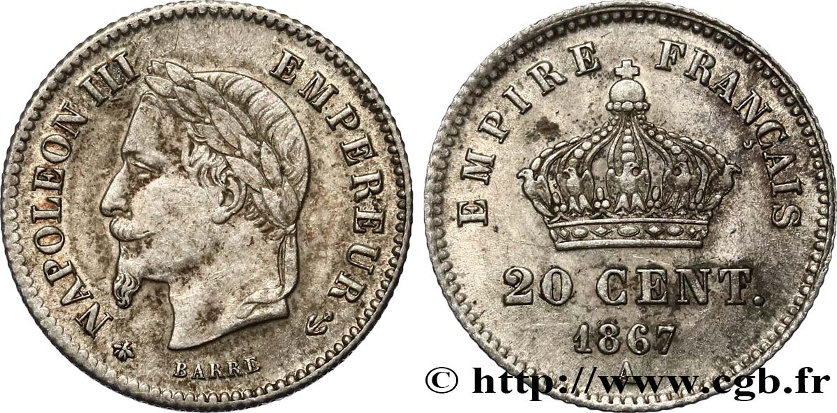20 centimes Napoléon III, tête laurée, grand module 1867 Paris F.150/1 AU50 