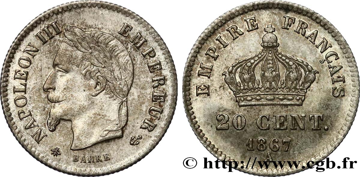 20 centimes Napoléon III, tête laurée, grand module 1867 Paris F.150/1 EBC62 