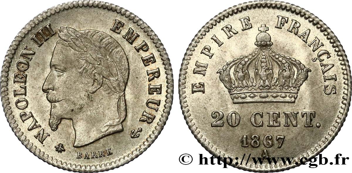 20 centimes Napoléon III, tête laurée, grand module 1867 Paris F.150/1 SUP62 