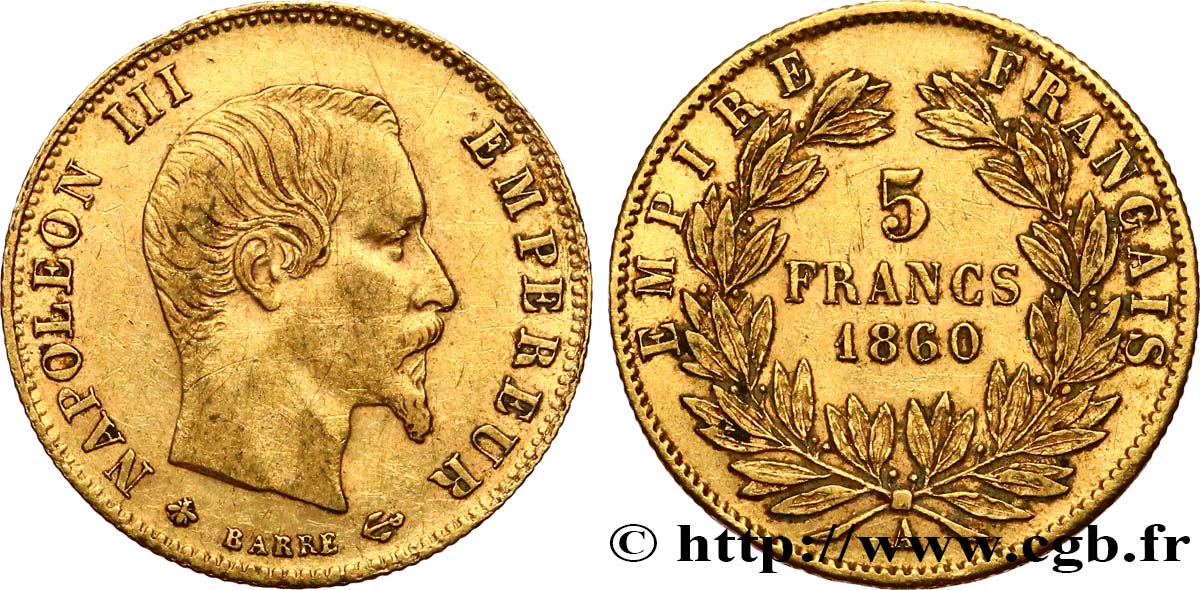 5 francs or Napoléon III, tête nue, grand module 1860 Paris F.501/11 BB 