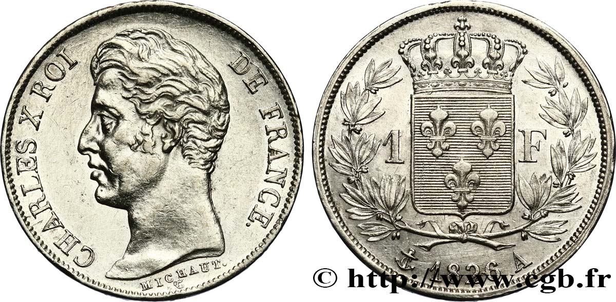 1 franc Charles X, matrice du revers à cinq feuilles 1826 Paris F.207/13 SUP+ 
