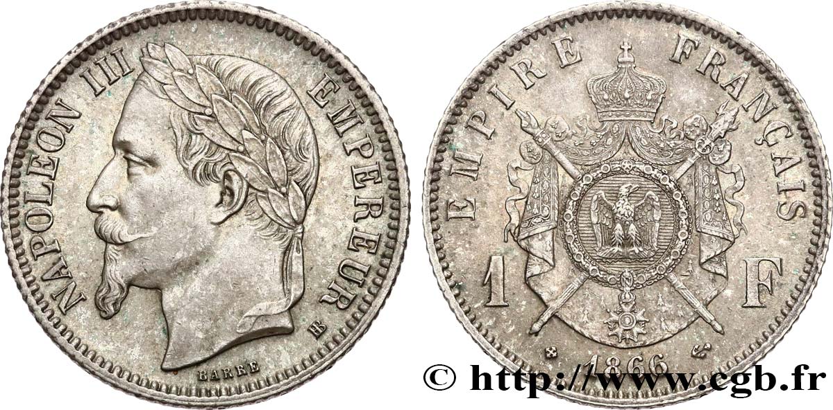 1 franc Napoléon III, tête laurée 1866 Strasbourg F.215/4 VZ55 