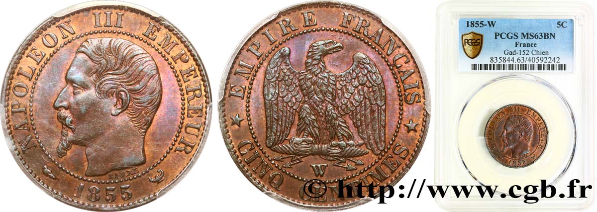 Cinq centimes Napoléon III, tête nue 1855 Lille F.116/28 SC63 PCGS