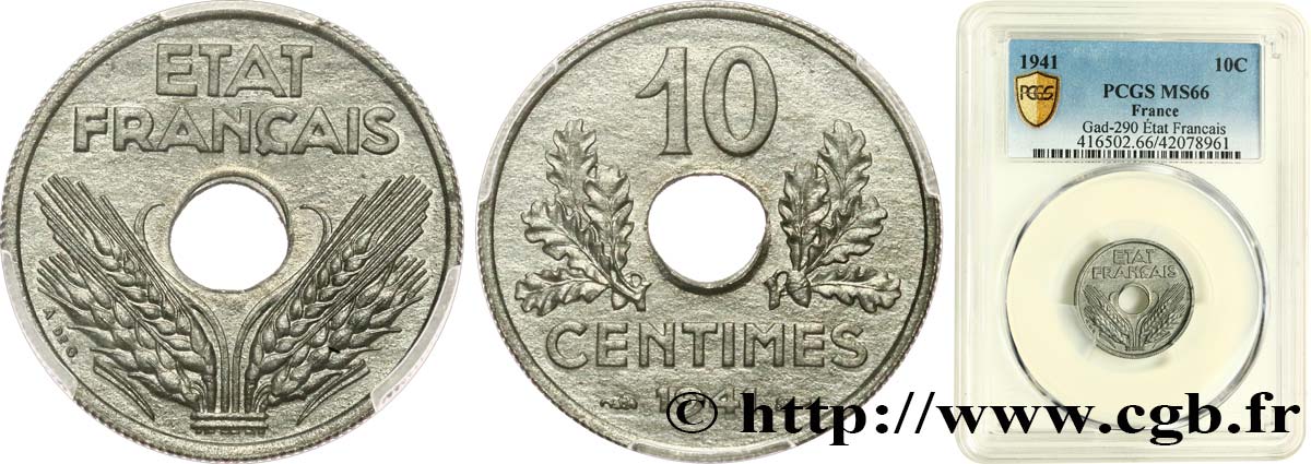 10 centimes État français, grand module 1941 Paris F.141/2 ST66 PCGS