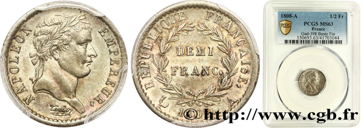 Demi-franc Napoléon Ier tête laurée, République française 1808 Paris F.177/2 SPL63 PCGS
