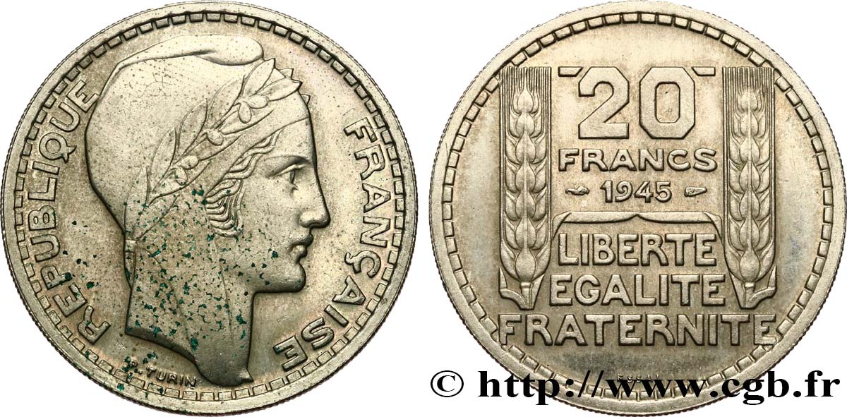 Essai de 20 francs Turin en cupro-nickel 1945 Paris GEM.206 1 VZ+/fST 