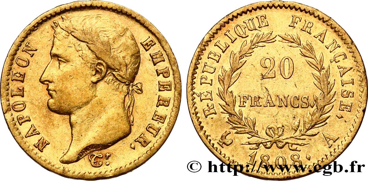 20 francs or Napoléon tête laurée, République française 1808 Paris F.515/2 BB 