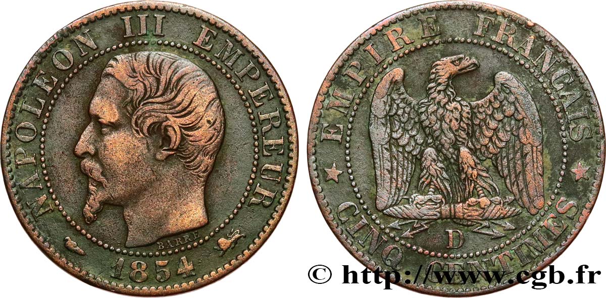 Cinq centimes Napoléon III, tête nue 1854 Lyon F.116/12 TB35 