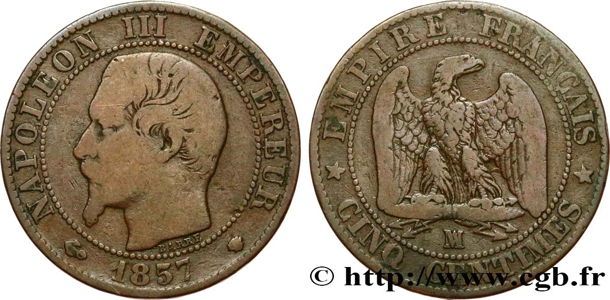 Cinq centimes Napoléon III, tête nue 1857 Marseille F.116/42 VG10 