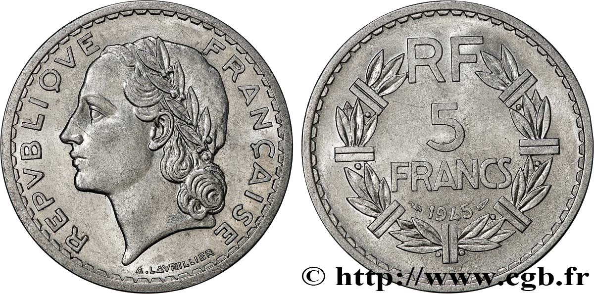5 francs Lavrillier, aluminium 1945 Beaumont-Le-Roger F.339/4 TTB+ 