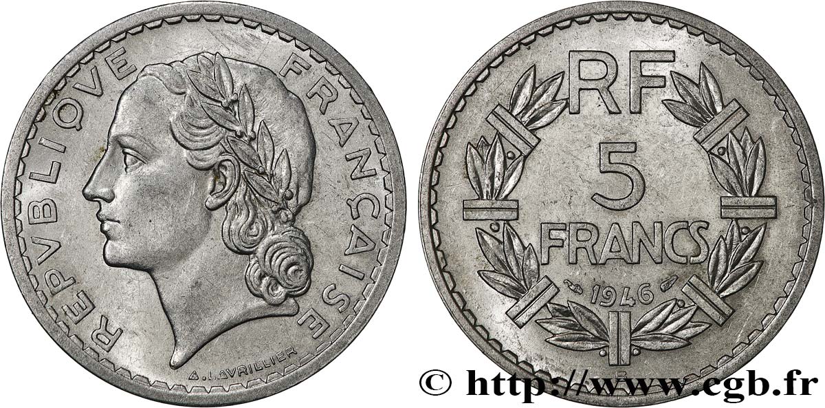 5 francs Lavrillier, aluminium 1946 Beaumont-Le-Roger F.339/7 AU50 