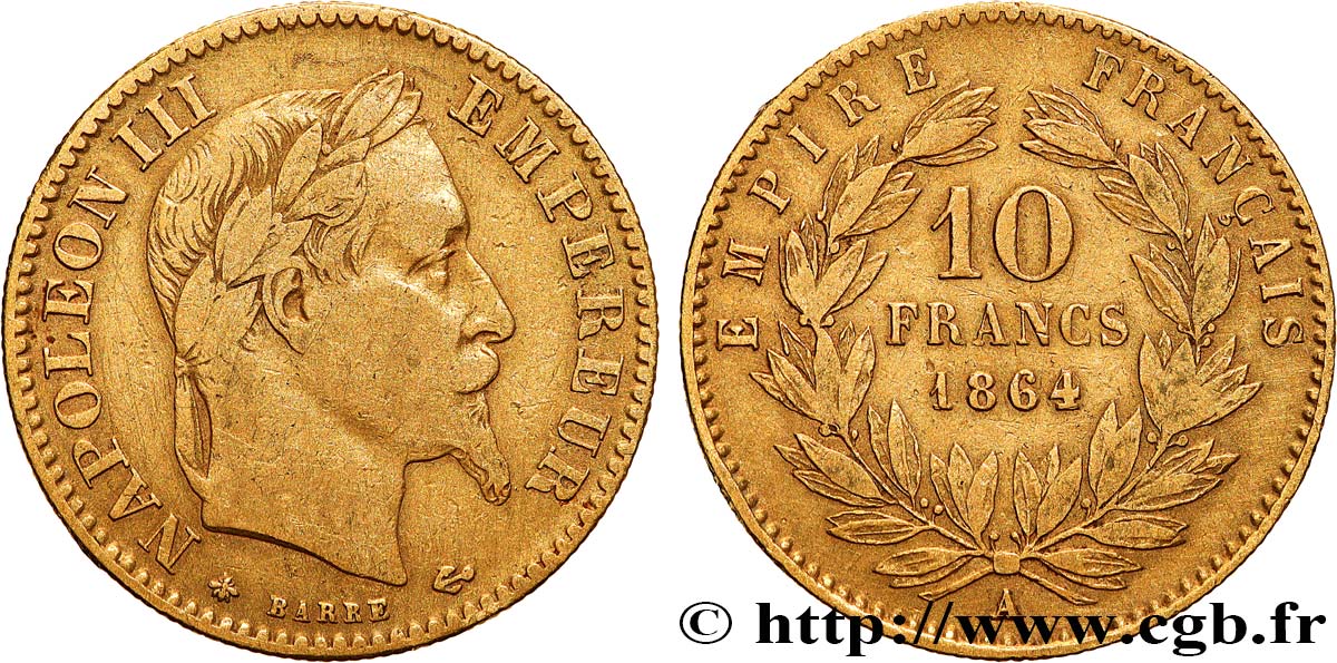 10 francs or Napoléon III, tête laurée, type définitif à grand 10 1864 Paris F.507A/6 TB 