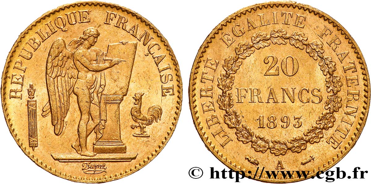 20 francs or Génie, Troisième République 1893 Paris F.533/17 EBC55 