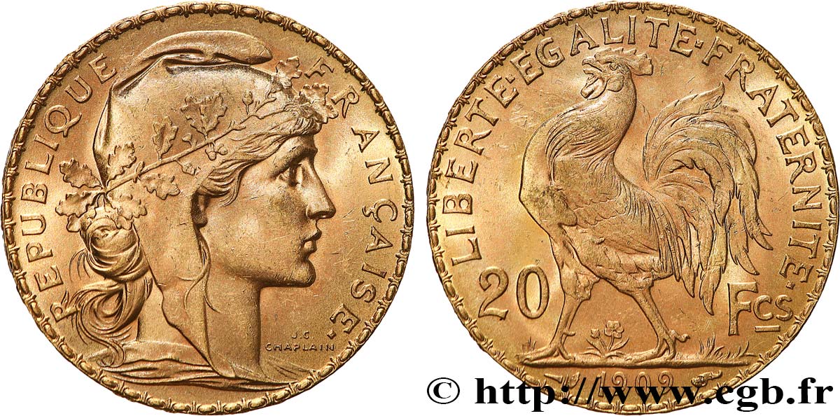 20 francs or Coq, Liberté Égalité Fraternité 1909 Paris F.535/3 SUP+ 