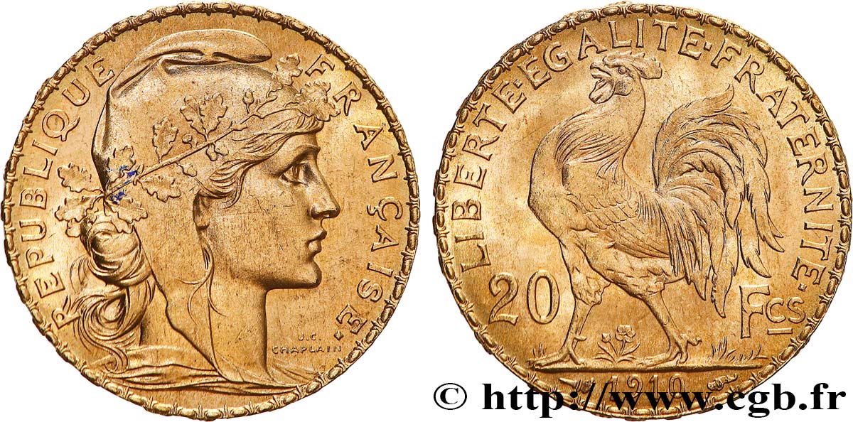20 francs or Coq, Liberté Égalité Fraternité 1910 Paris F.535/4 VZ+ 