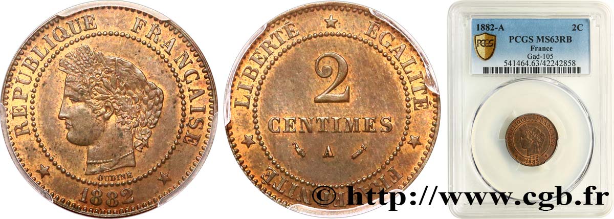 2 centimes Cérès 1882 Paris F.109/7 SPL63 PCGS