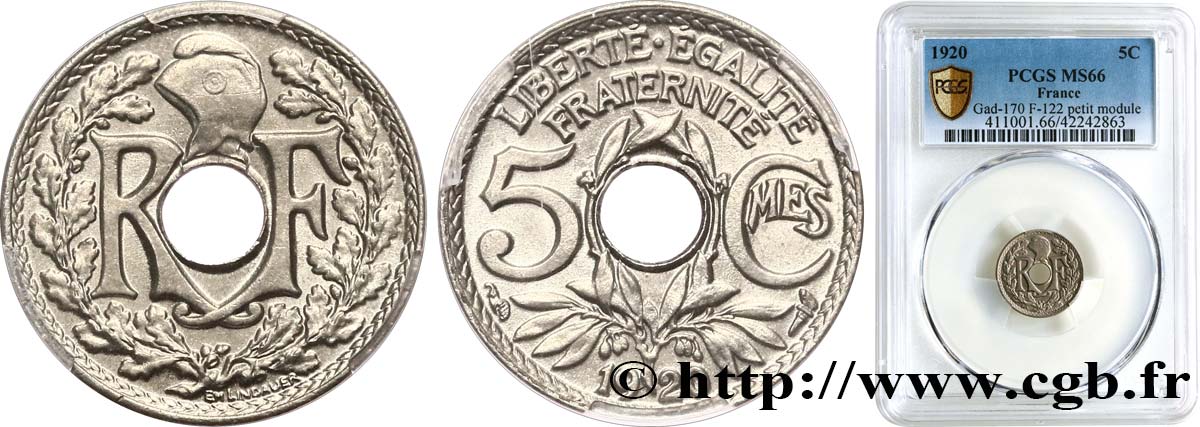 5 centimes Lindauer, petit module 1920  F.122/2 ST66 PCGS