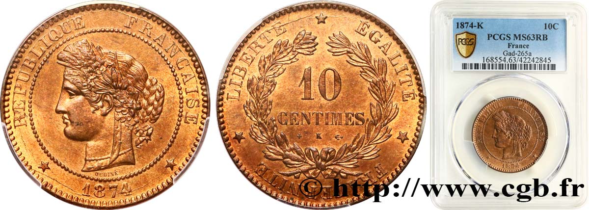 10 centimes Cérès 1874 Bordeaux F.135/13 MS63 PCGS