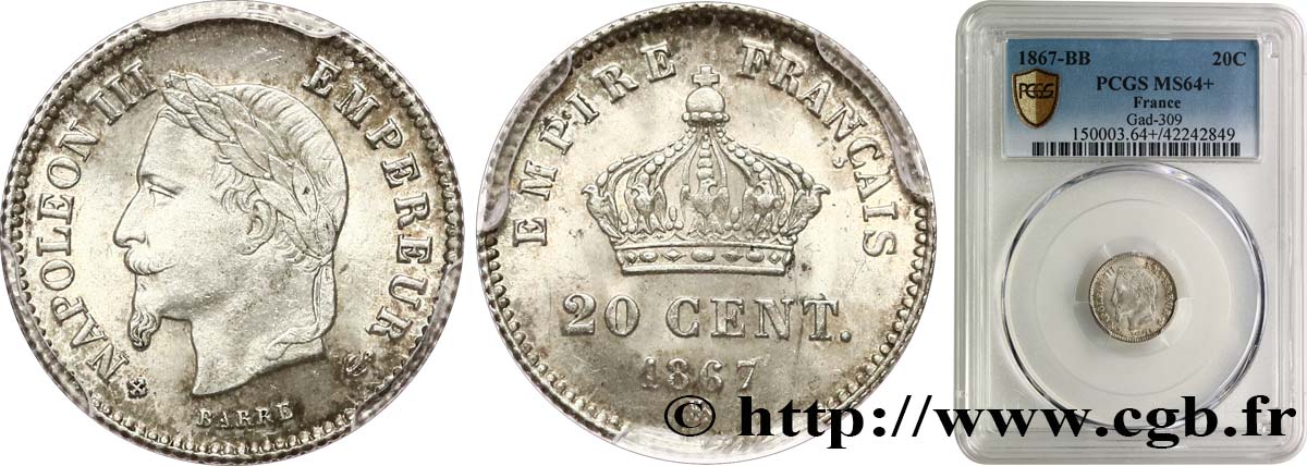 20 centimes Napoléon III, tête laurée, grand module 1867 Strasbourg F.150/2 MS64 PCGS