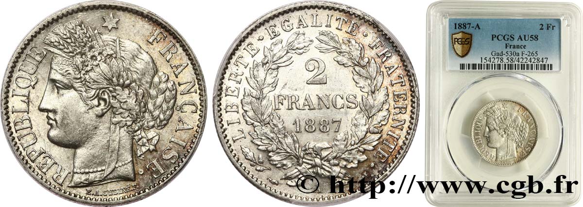 2 francs Cérès, avec légende 1887 Paris F.265/13 AU58 PCGS