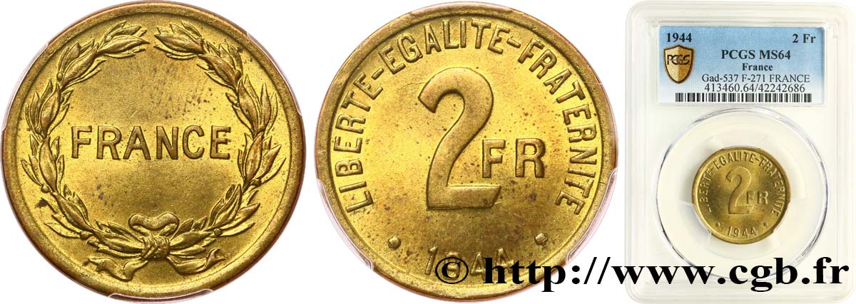 2 francs France 1944  F.271/1 fST64 PCGS