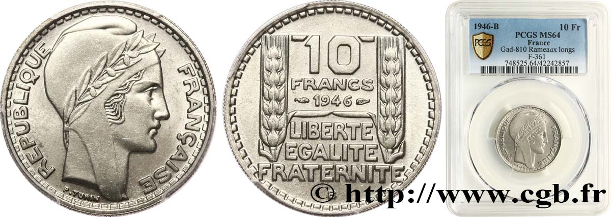 10 francs Turin, grosse tête, rameaux longs 1946 Beaumont-Le-Roger F.361/4 SPL64 PCGS