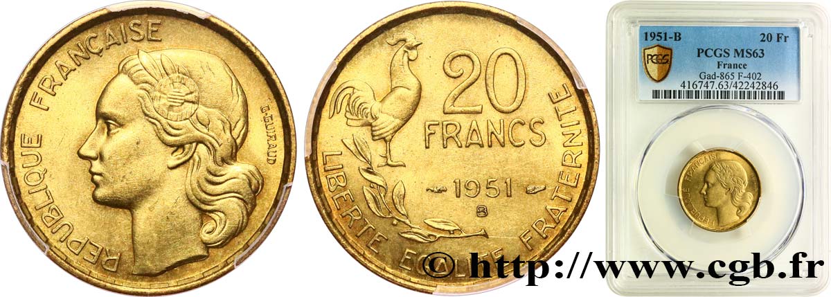 20 francs G. Guiraud 1951 Beaumont-Le-Roger F.402/8 MS63 PCGS