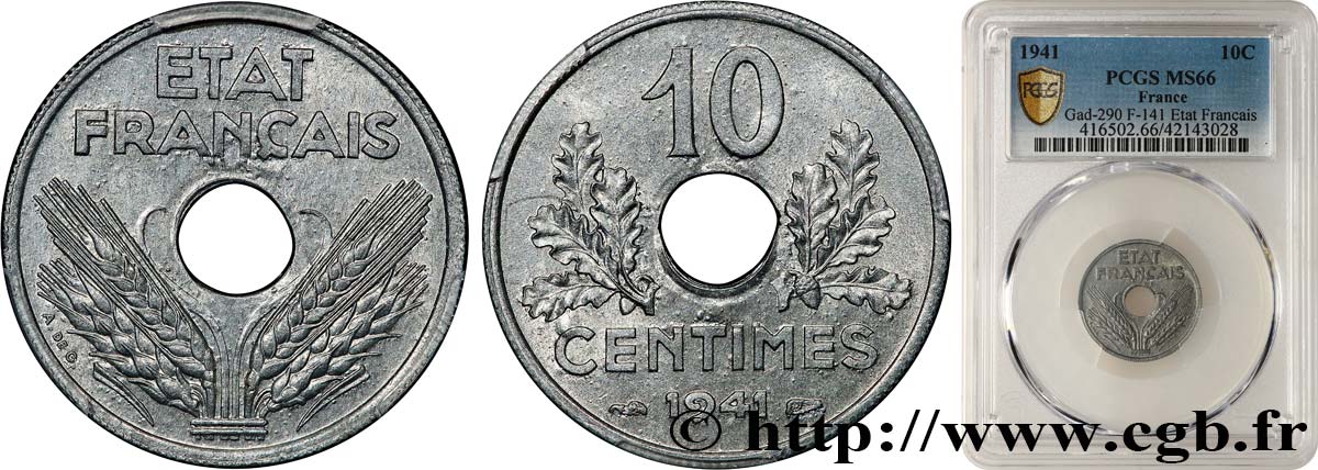 10 centimes État français, grand module 1941 Paris F.141/2 MS66 PCGS