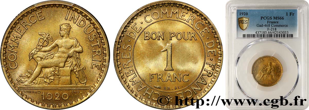 1 franc Chambres de Commerce 1920 Paris F.218/2 MS66 PCGS