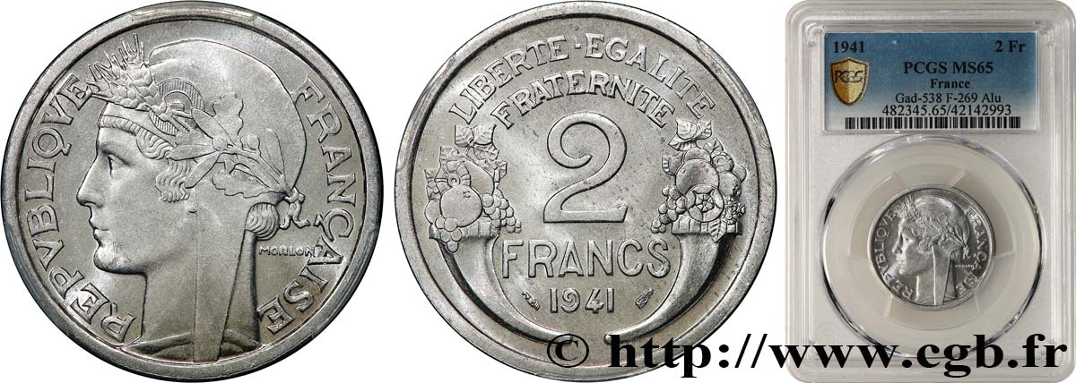 2 francs Morlon, aluminium 1941  F.269/2 MS65 PCGS