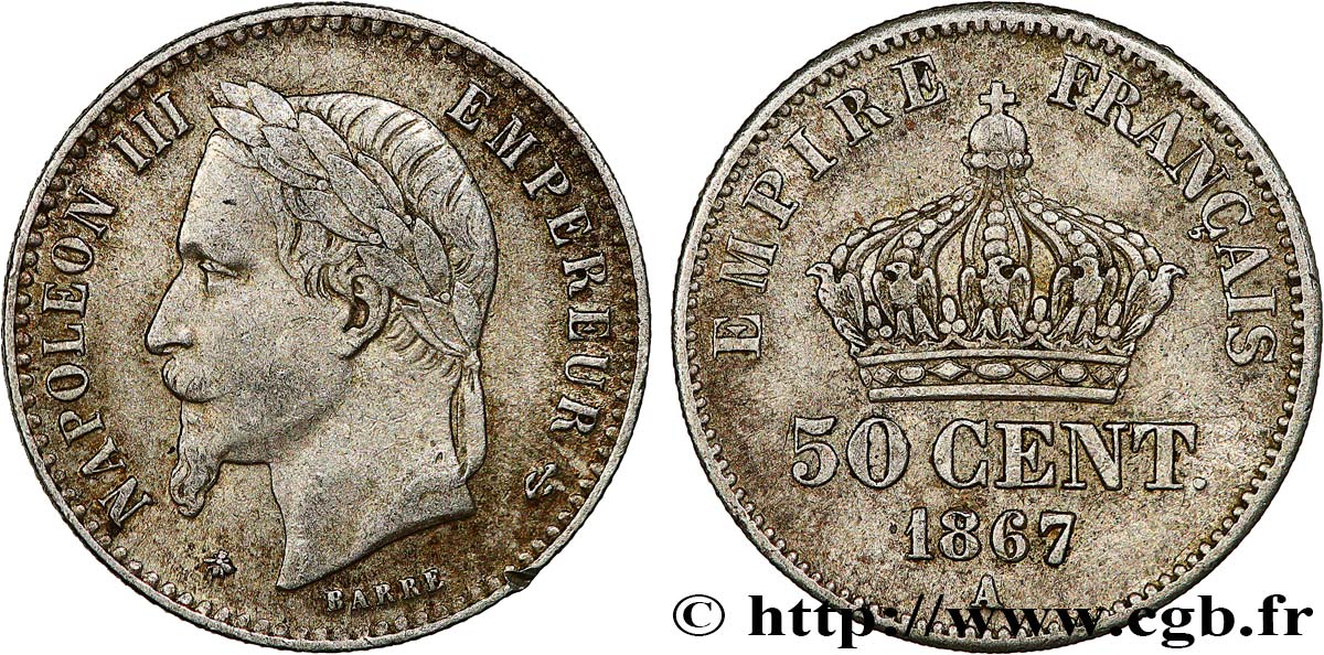 50 centimes Napoléon III, tête laurée 1867 Paris F.188/14 XF40 