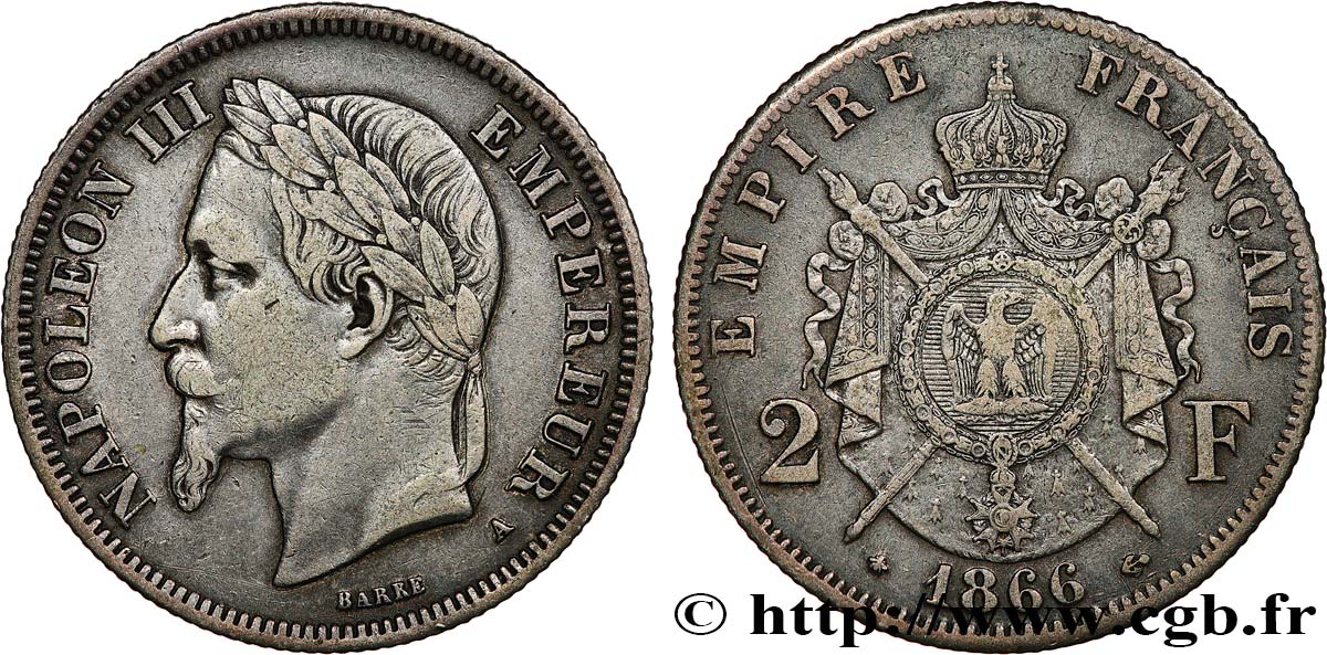 2 francs Napoléon III, tête laurée 1866 Paris F.263/2 BB40 