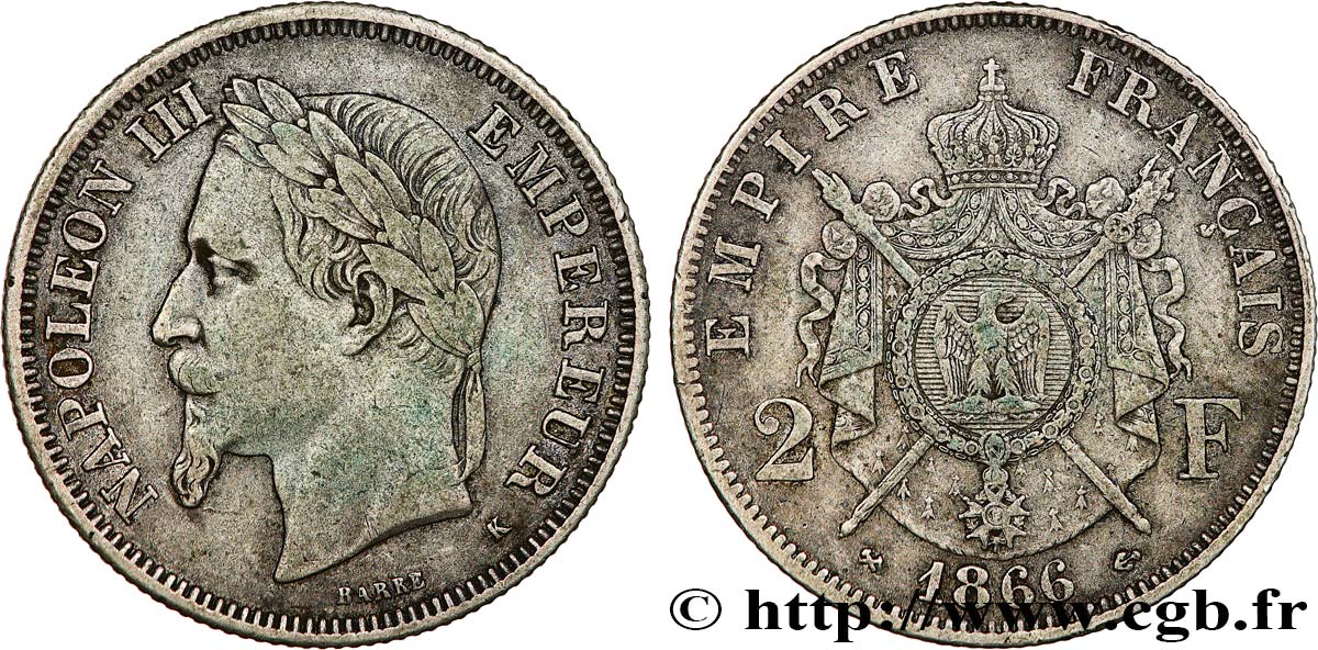 2 francs Napoléon III, tête laurée 1866 Bordeaux F.263/4 MBC40 