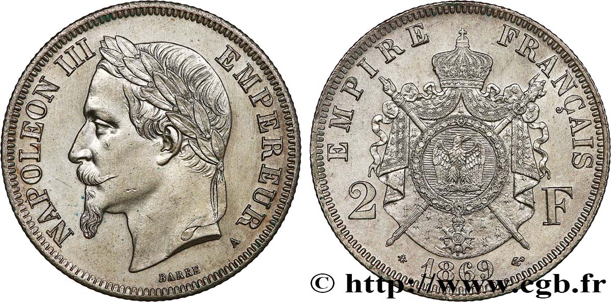 2 francs Napoléon III, tête laurée  1869 Paris F.263/10 SUP 