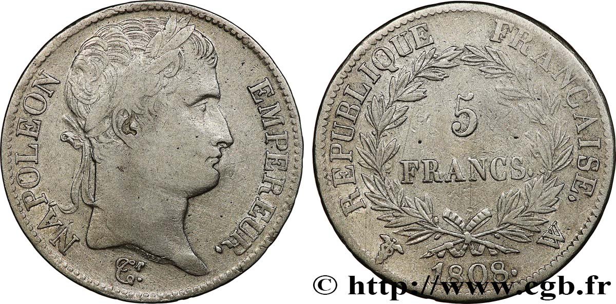 5 francs Napoléon Empereur, République française 1808 Lille F.306/15 BC+ 