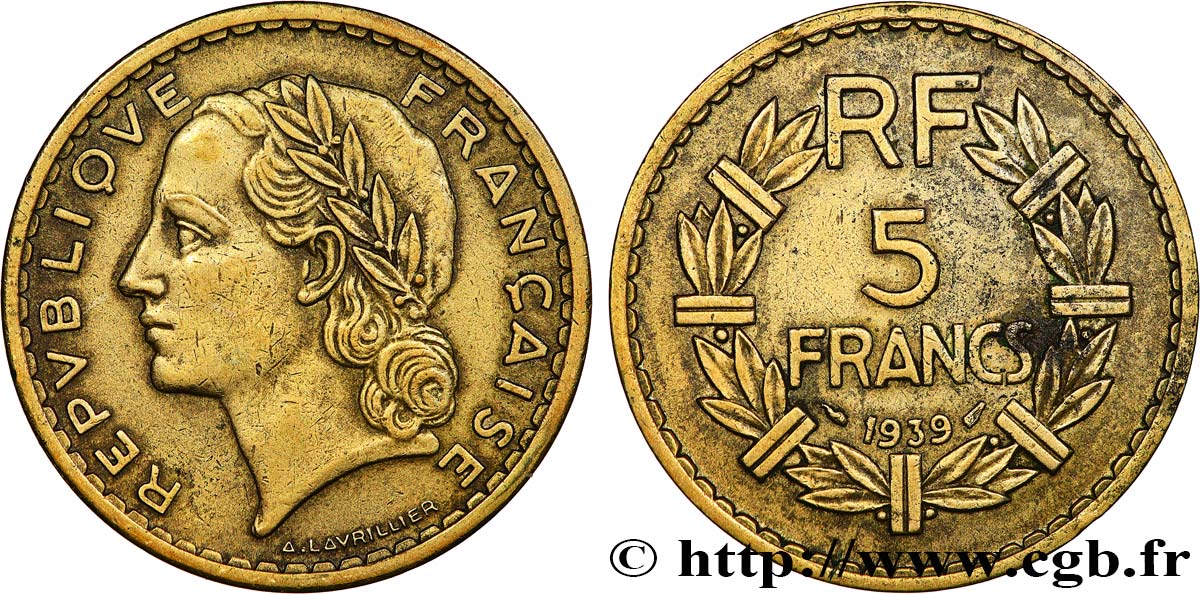 5 francs Lavrillier, bronze-aluminium 1939  F.337/3 VF 