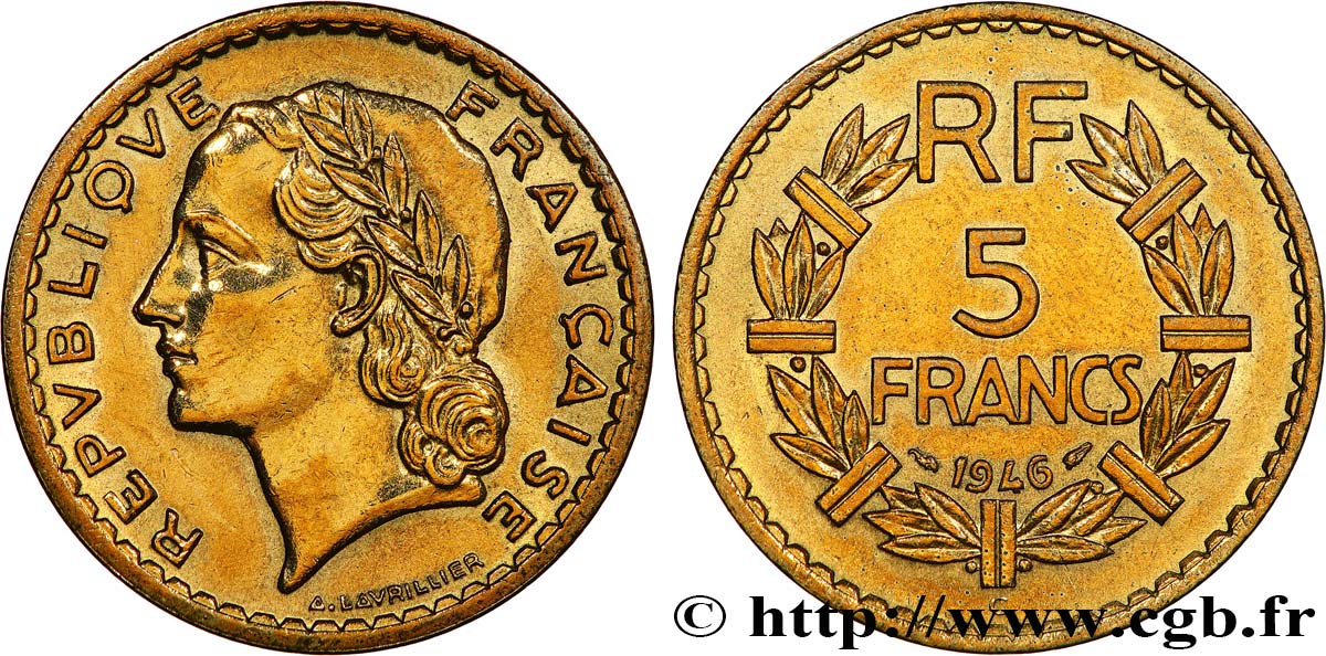 5 francs Lavrillier, bronze-aluminium 1946 Castelsarrasin F.337/8 MBC 