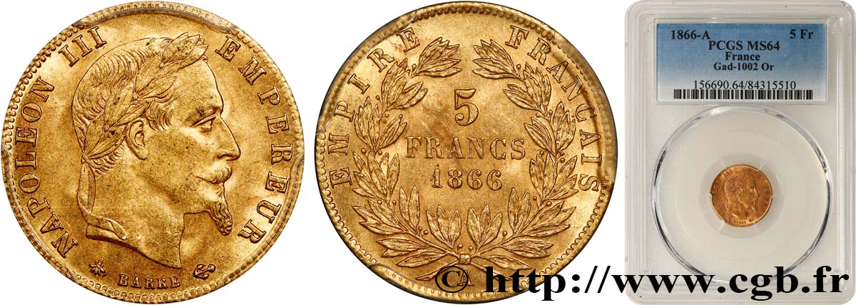 5 francs or Napoléon III, tête laurée 1866 Paris F.502/9 SPL64 PCGS