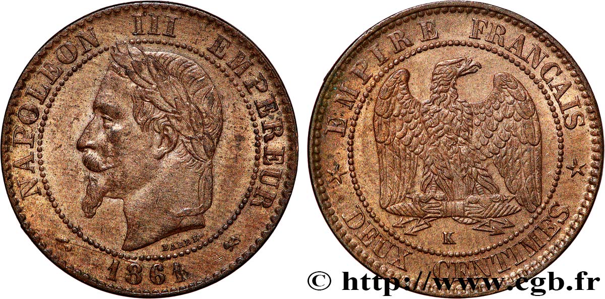 Deux centimes Napoléon III, tête laurée 1861 Bordeaux F.108/3 VZ 