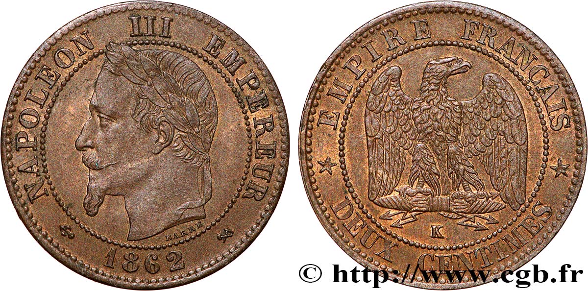 Deux centimes Napoléon III, tête laurée 1862 Bordeaux F.108A/7 SUP58 