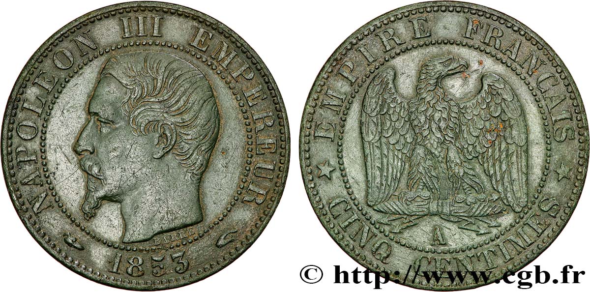 Cinq centimes Napoléon III, tête nue 1853 Paris F.116/1 TTB 