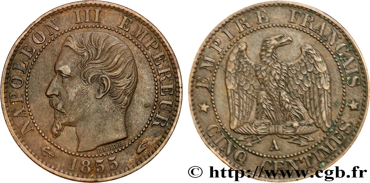 Cinq centimes Napoléon III, tête nue 1855 Paris F.116/17 BB 