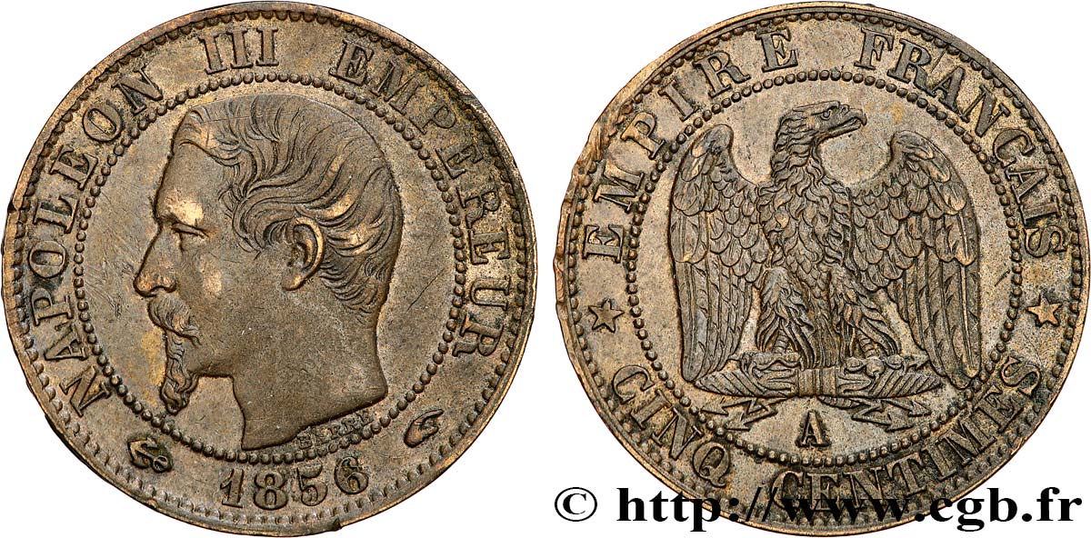 Cinq centimes Napoléon III, tête nue 1856 Paris F.116/30 XF 