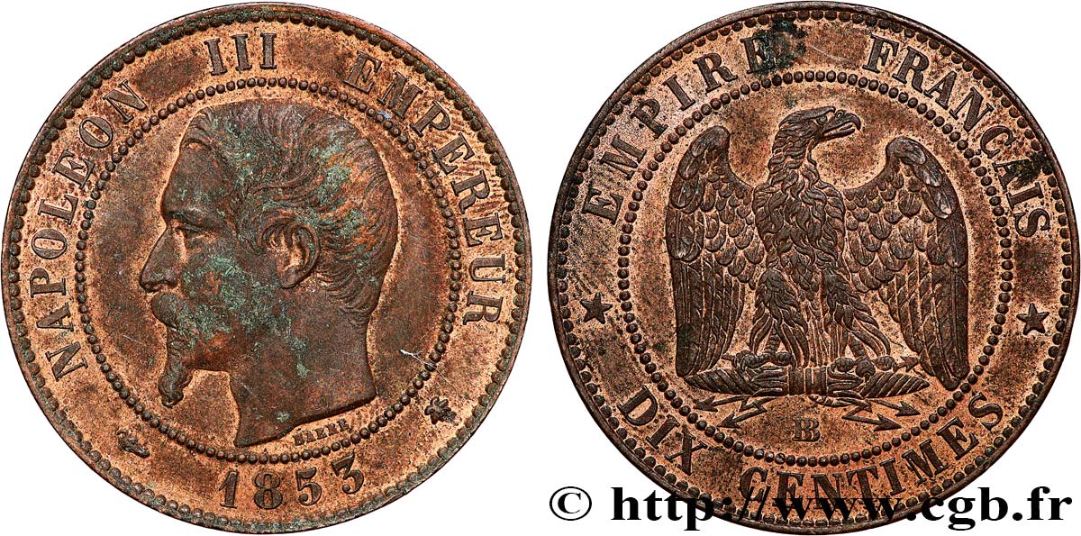 Dix centimes Napoléon III, tête nue 1853 Strasbourg F.133/4 TTB/SUP 