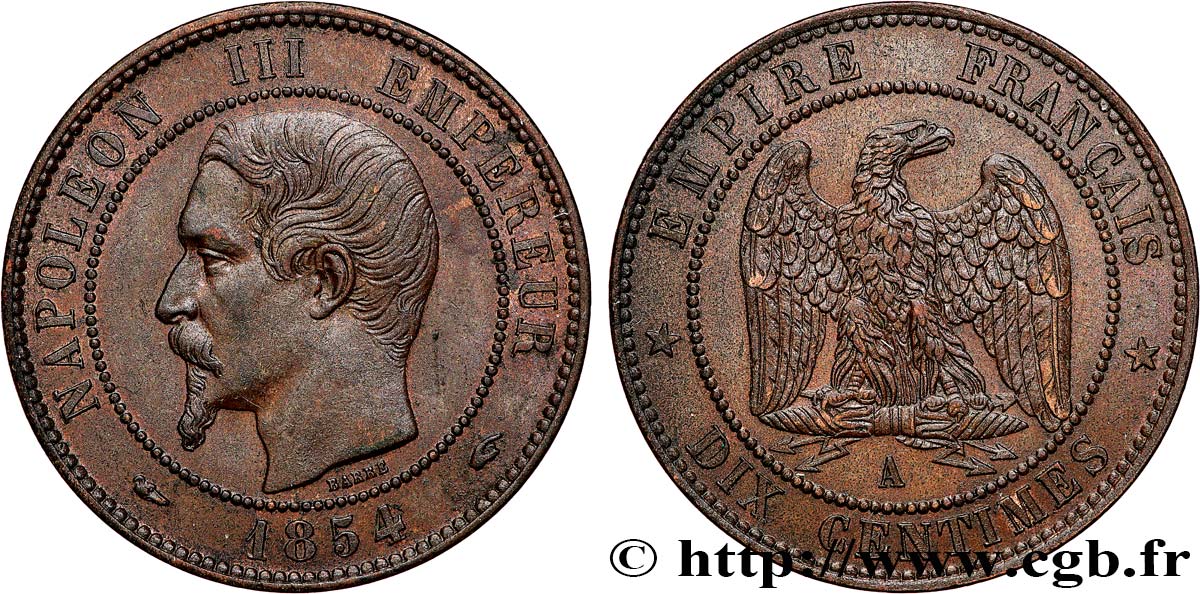 Dix centimes Napoléon III, tête nue 1854 Paris F.133/11 AU55 